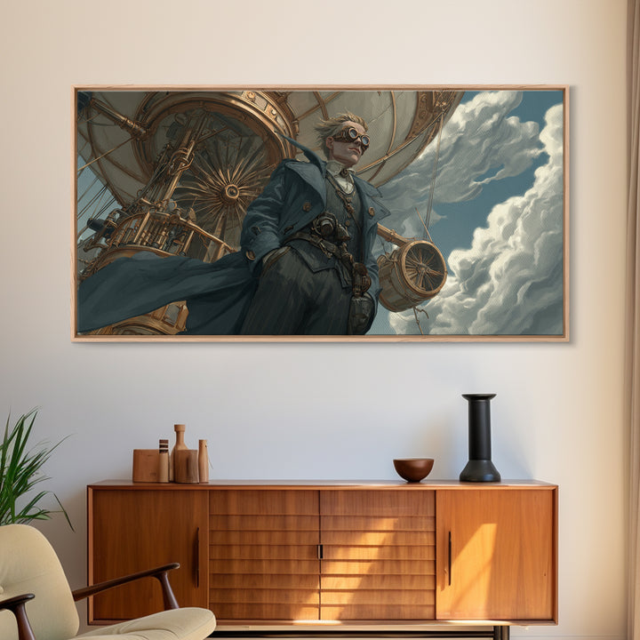 Steampunk Aviator In Blue Coat Canvas Print, Fantasy Wall Art, Industrial Airship Decor, Dramatic Office Art Gift For Him