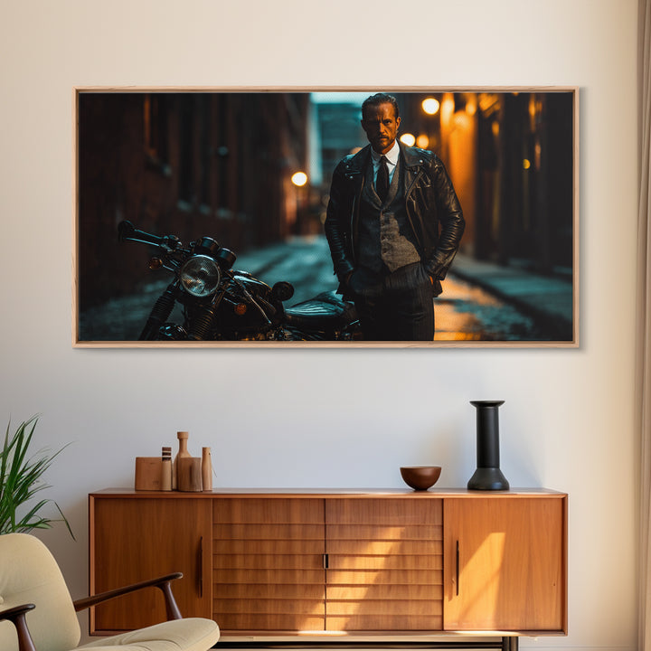 Moody Biker With Motorcycle In Rainy Alley Framed Canvas Print, Masculine Wall Art, Urban Wall Decor, Man Cave Gift For Him