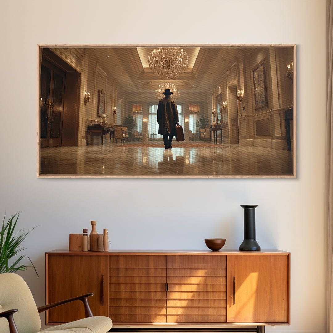 Mysterious Traveler In Luxury Hotel Lobby Canvas Print, Moody Wall Art, Dark Academia Decor, Grand Hallway Office Art Gift