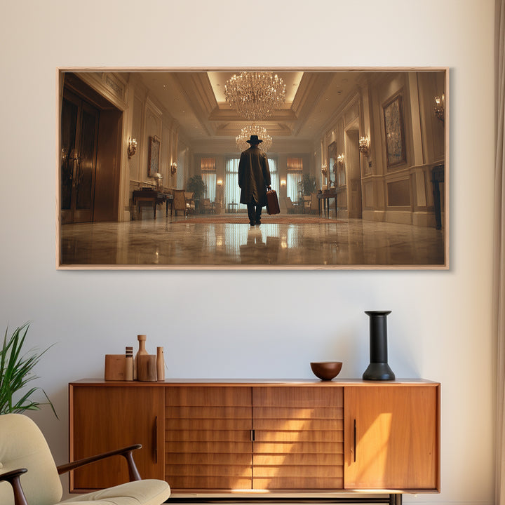 Mysterious Traveler In Luxury Hotel Lobby Canvas Print, Moody Wall Art, Dark Academia Decor, Grand Hallway Office Art Gift