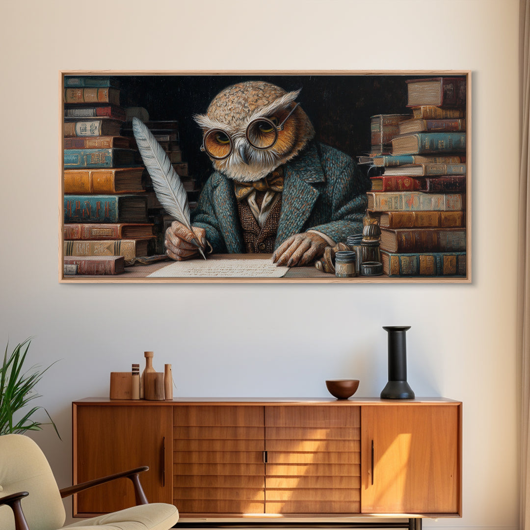 Scholarly Owl Writing Among Antique Books Framed Canvas Print, Whimsical Wall Art, Library Decor, Dark Academia, Bird Lover Gift