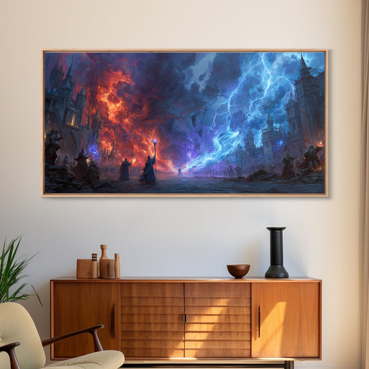 Epic Fire And Lightning Battle Wall Art, Dark Fantasy Art, Dragon Castle Scene, Gothic Wall Decor, Gaming Room Decor, Sci Fi Art