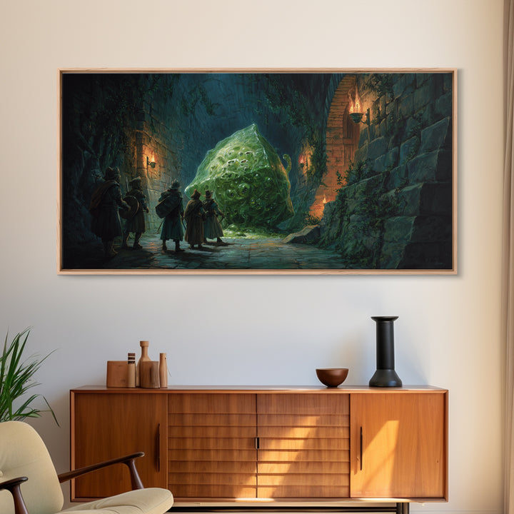 Adventurers Face A Green Slime Monster Canvas Print, Fantasy Art, Dungeon Wall Decor, Dnd Art Print, Gaming Room Decor, Gift