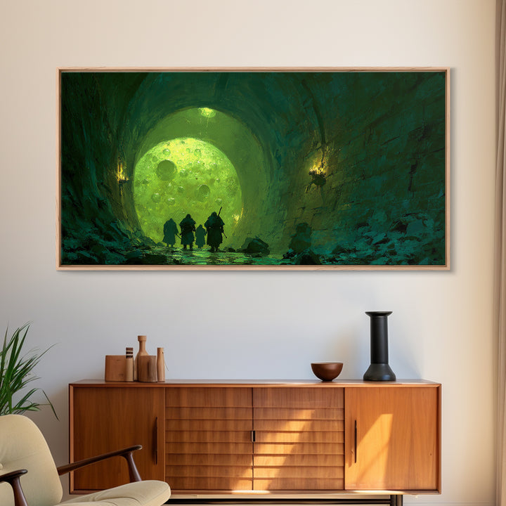 Glowing Green Moon Tunnel Wall Art, Dark Fantasy Landscape, Dungeon Decor, Whimsical Art Print, Gaming Room Wall Decor, Gift