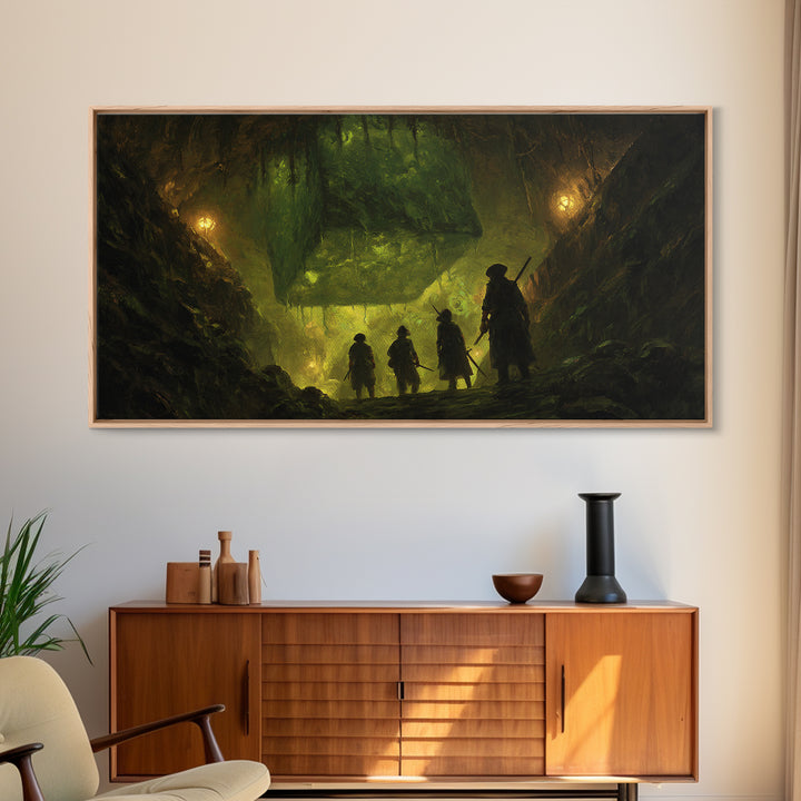 Adventurers Discover Floating Green Cube Canvas Print, Fantasy Cavern Wall Art, Dnd Decor, Gaming Room Art, Unique Gift Idea