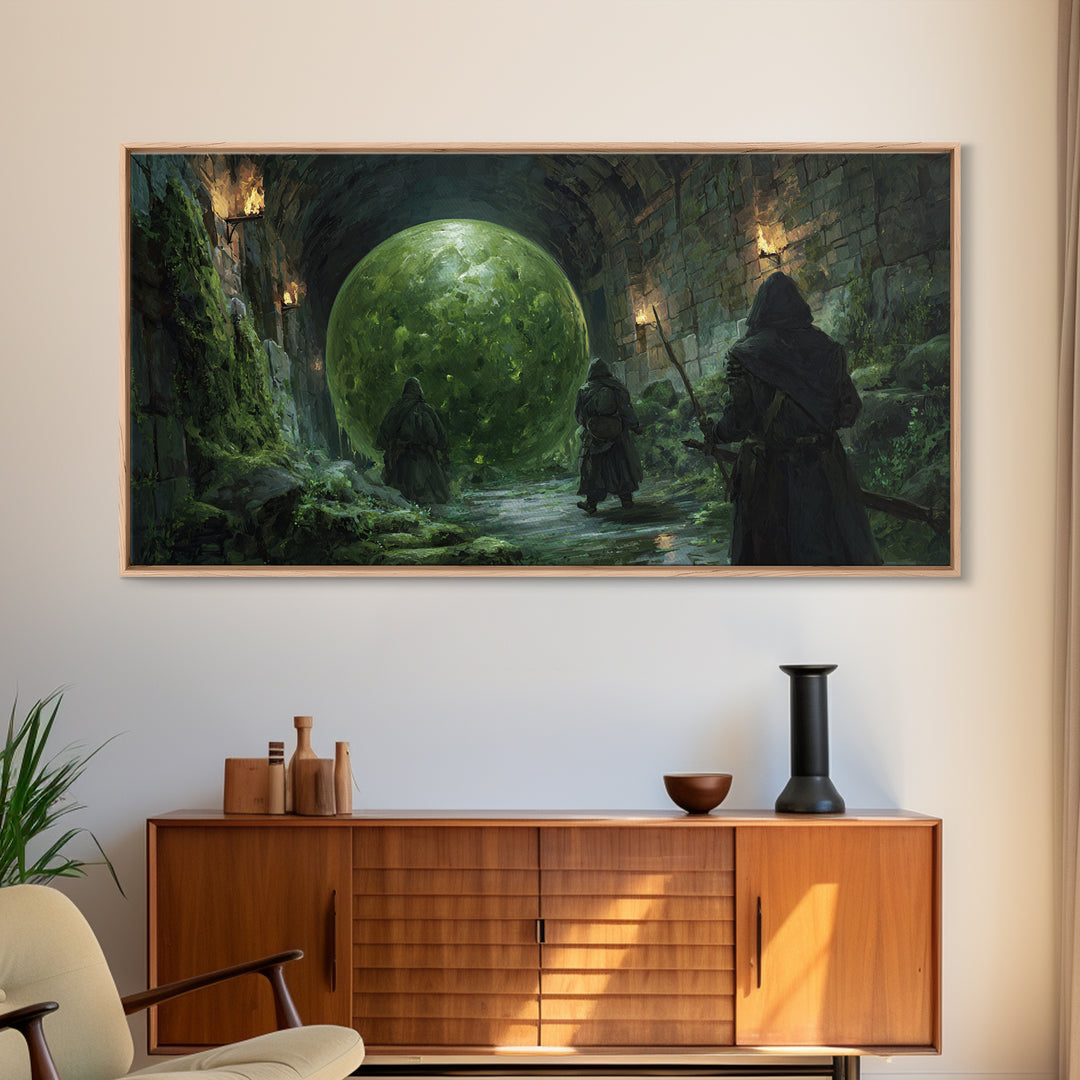 Cloaked Rangers Approach Green Orb Framed Canvas Print, Fantasy Dungeon Wall Art, Gothic Decor, Dnd Art, Gaming Room Decor