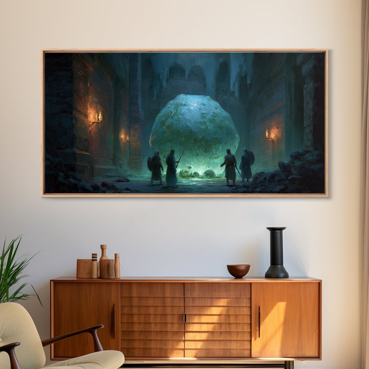 Icy Ruins With Glowing Blue Orb Wall Art, Fantasy Dungeon Landscape, Dark Academia Decor, Dnd Art Print, Gaming Room Art