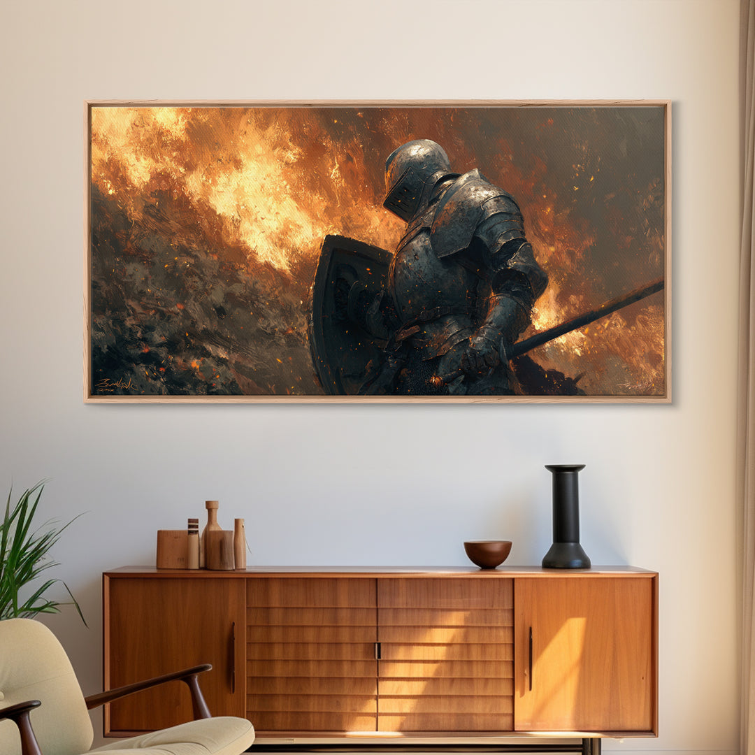 Armored Knight In Blazing Battlefield Canvas Print, Medieval Fantasy Art, Warrior Wall Decor, Gothic Wall Art, Gift For Him