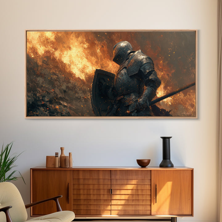 Armored Knight In Blazing Battlefield Canvas Print, Medieval Fantasy Art, Warrior Wall Decor, Gothic Wall Art, Gift For Him