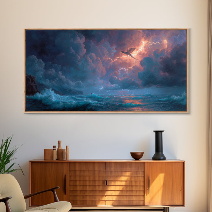 Stormy Ocean Dragon And Lightning Wall Art, Fantasy Seascape, Nautical Decor, Coastal Wall Art, Dramatic Fine Art Print, Home Decor
