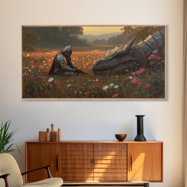 Resting Knight And Sleeping Dragon In Wildflower Meadow Framed Canvas Print, Fantasy Wall Art, Medieval Home Decor, Gift For Her