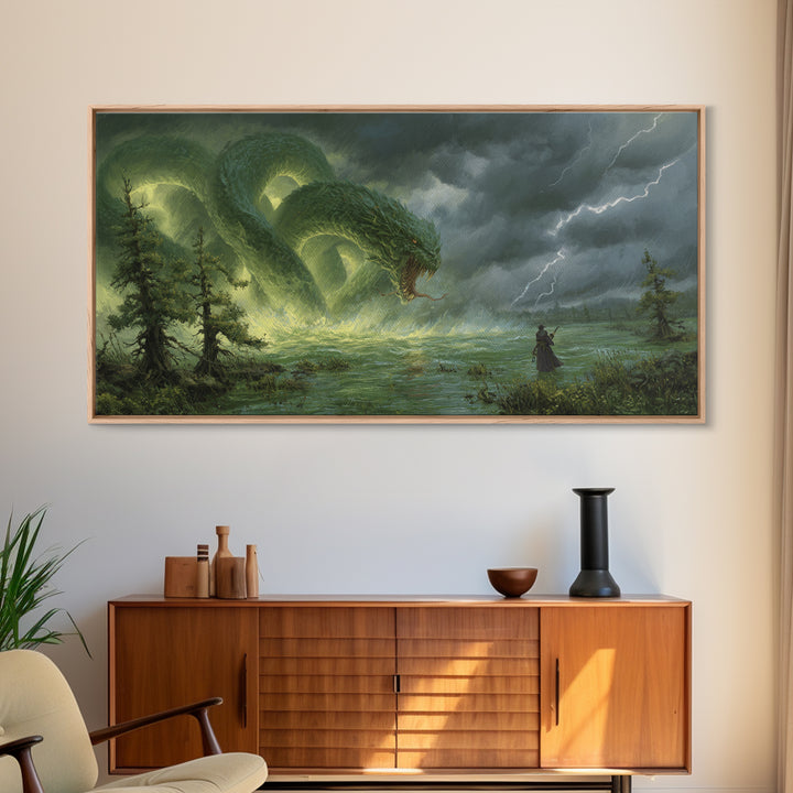 Giant Emerald Serpent In Stormy Marsh Canvas Print, Fantasy Wall Art, Dragon Artwork, Dark Academia Home Decor, Mystical Wall Decor