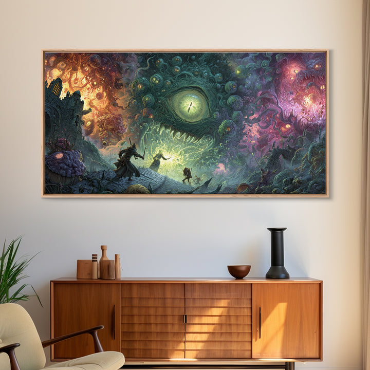 Adventurers Facing Cosmic Portal Monster Canvas Print, Surreal Fantasy Wall Art, Lovecraftian Game Room Decor Gift For Him