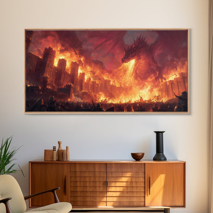 Fire Dragon Attacking Burning Castle City Framed Canvas Print, Dark Fantasy Wall Art, Medieval Battle Home Decor Gift For Him