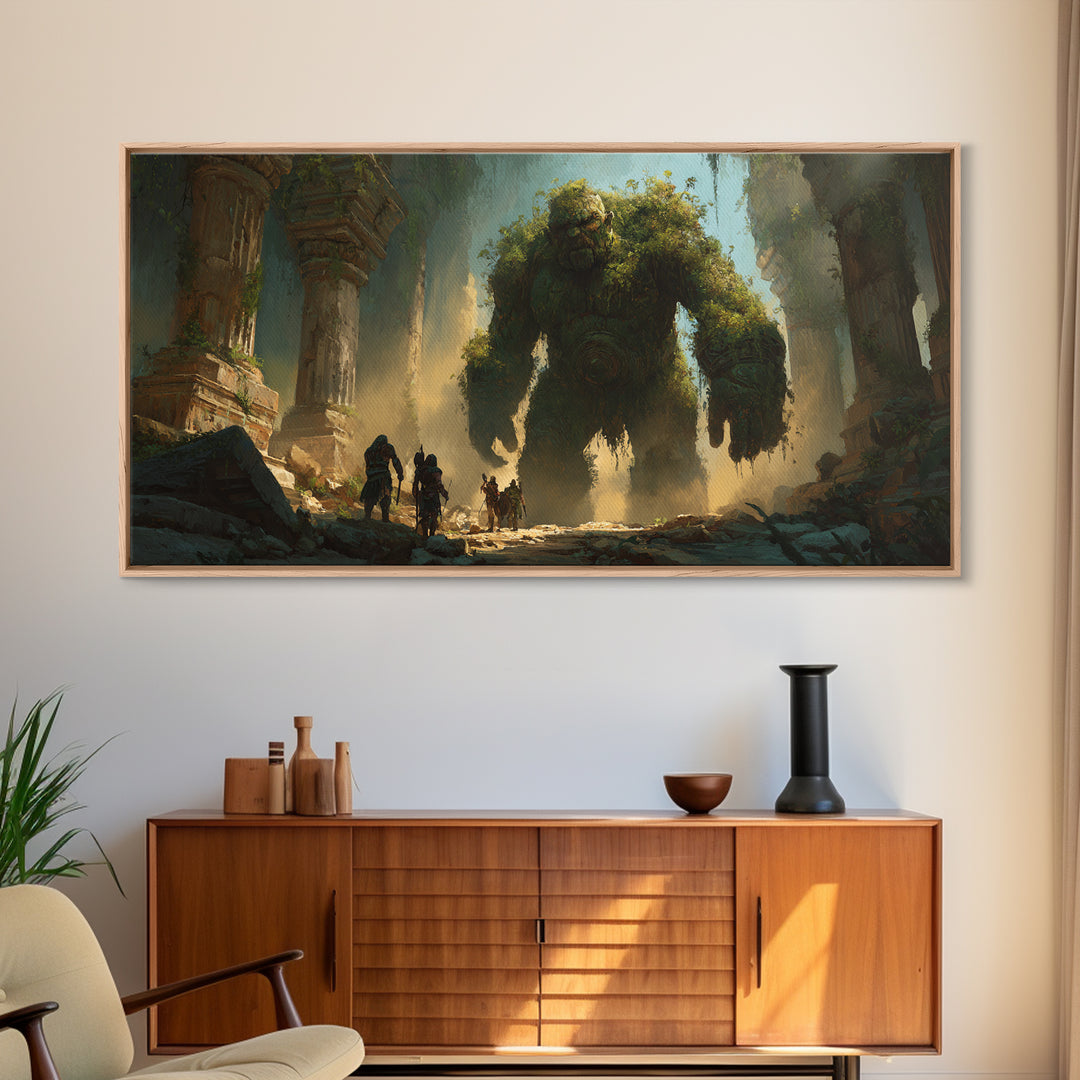 Ancient Moss Giant In Overgrown Temple Ruins Canvas Print, Fantasy Wall Art, Mythical Adventure Home Decor Gift For Gamer
