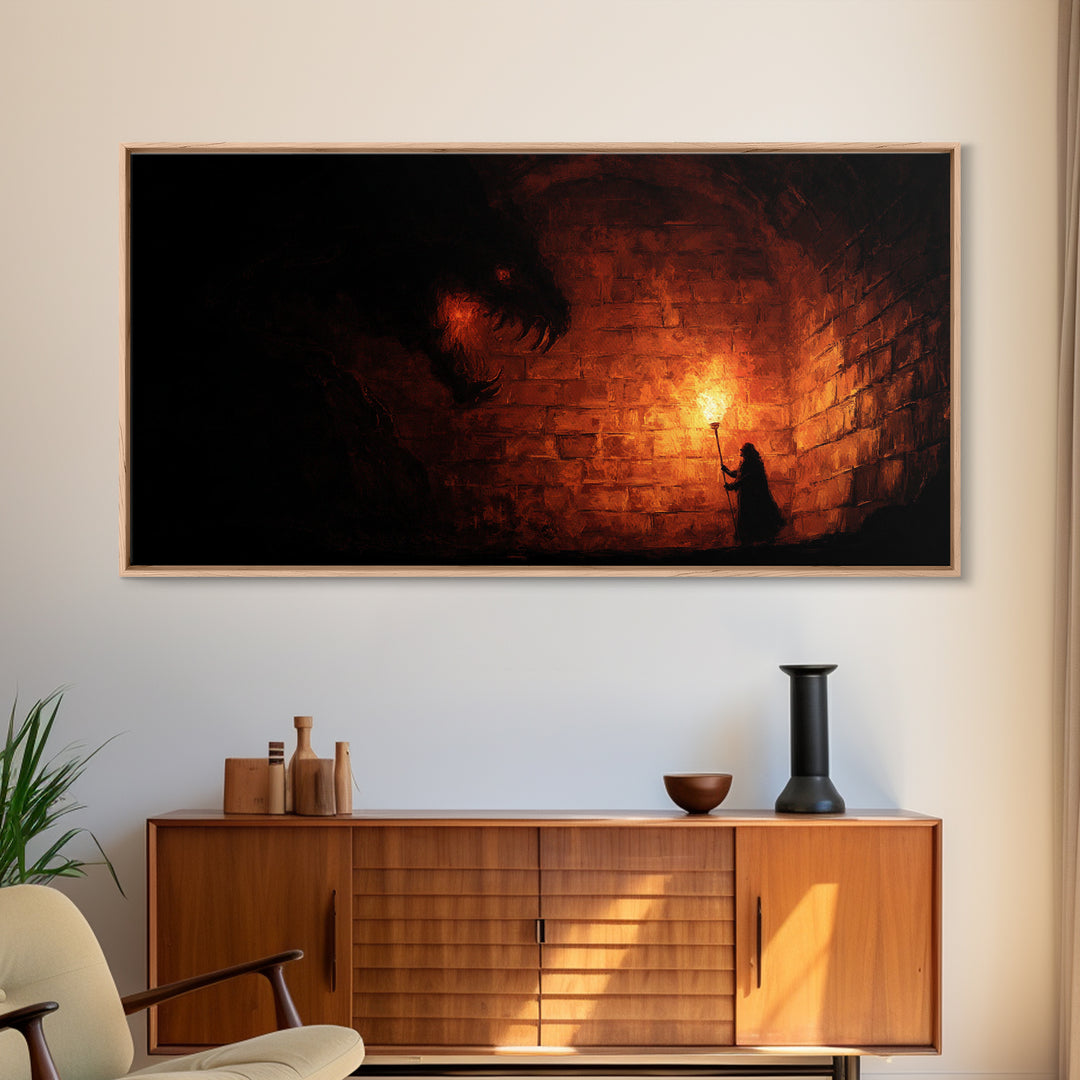 Cloaked Figure With Torch Facing Dungeon Beast Canvas Print, Gothic Wall Art, Dark Fantasy Creepy Horror Decor Gift For Him