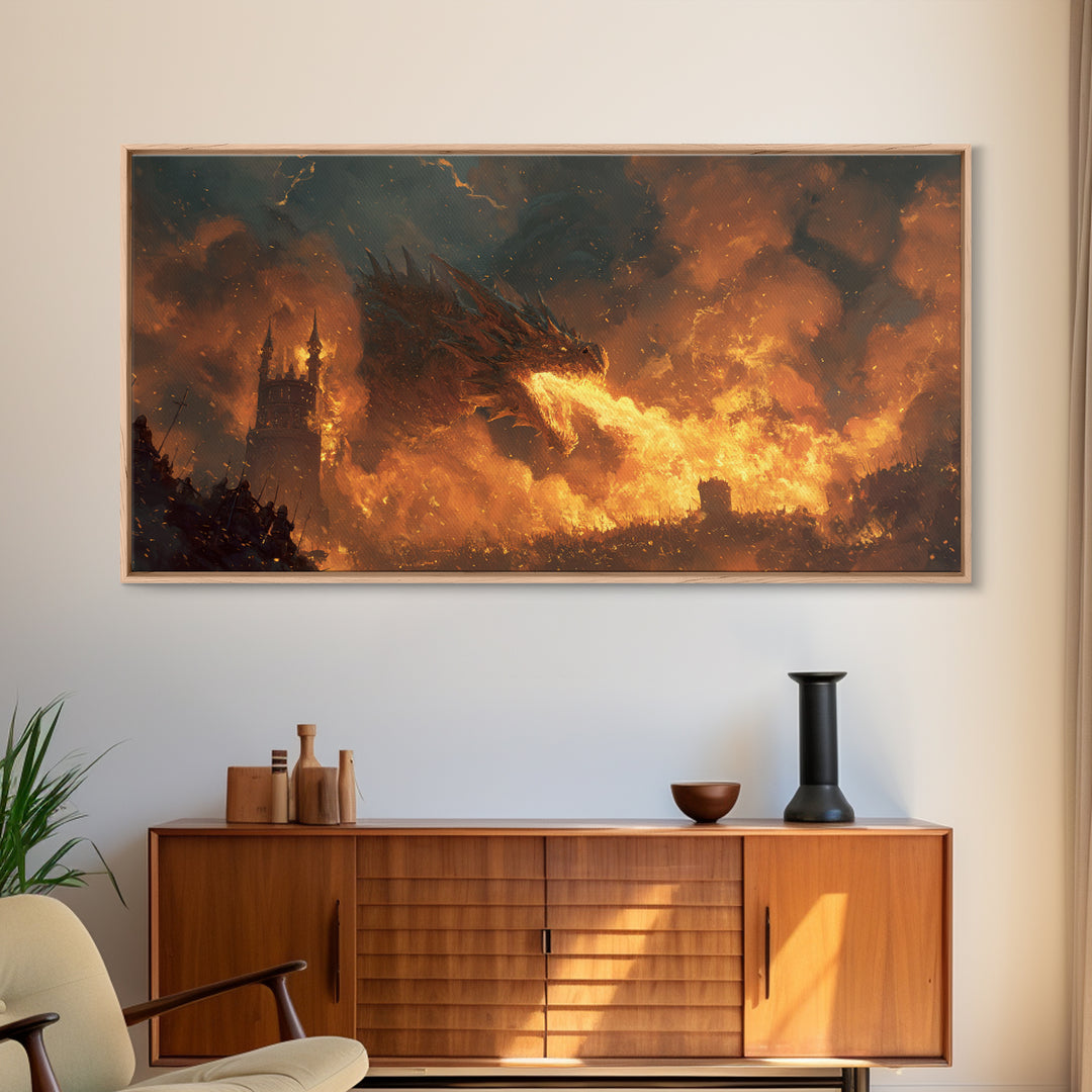 Red Dragon Breathing Fire Over War Torn Kingdom Framed Canvas Print, Epic Fantasy Wall Art, Medieval Castle Decor Gift For Him