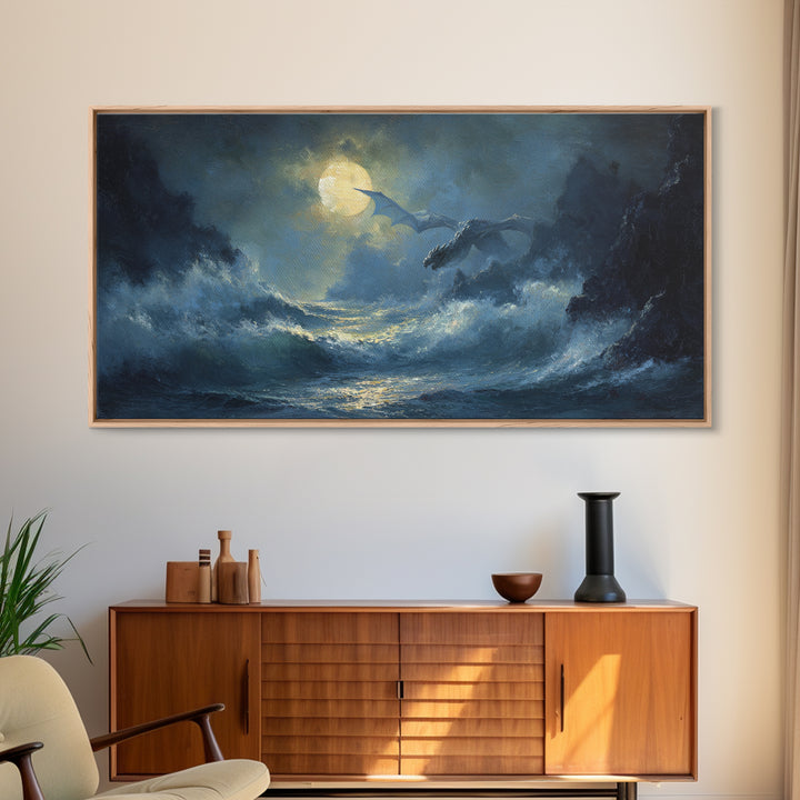 Moonlit Dragons Flying Over Stormy Ocean Waves Canvas Print, Fantasy Seascape Wall Art, Coastal Gothic Bedroom Decor Gift
