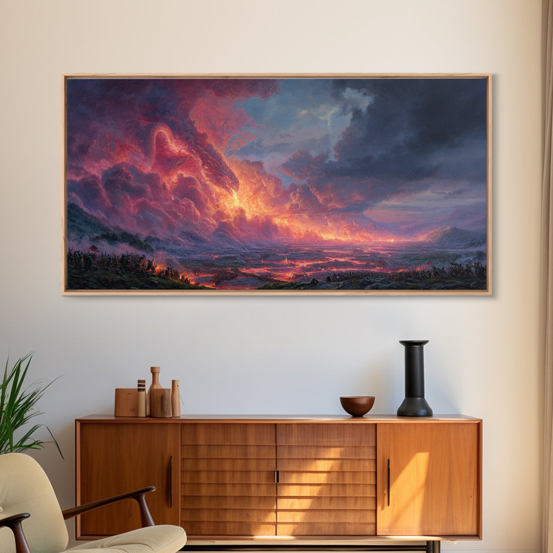 Glowing Lava Dragon Above Volcanic Valley Framed Canvas Print, Fantasy Landscape Wall Art, Dramatic Game Room Decor Gift For Him
