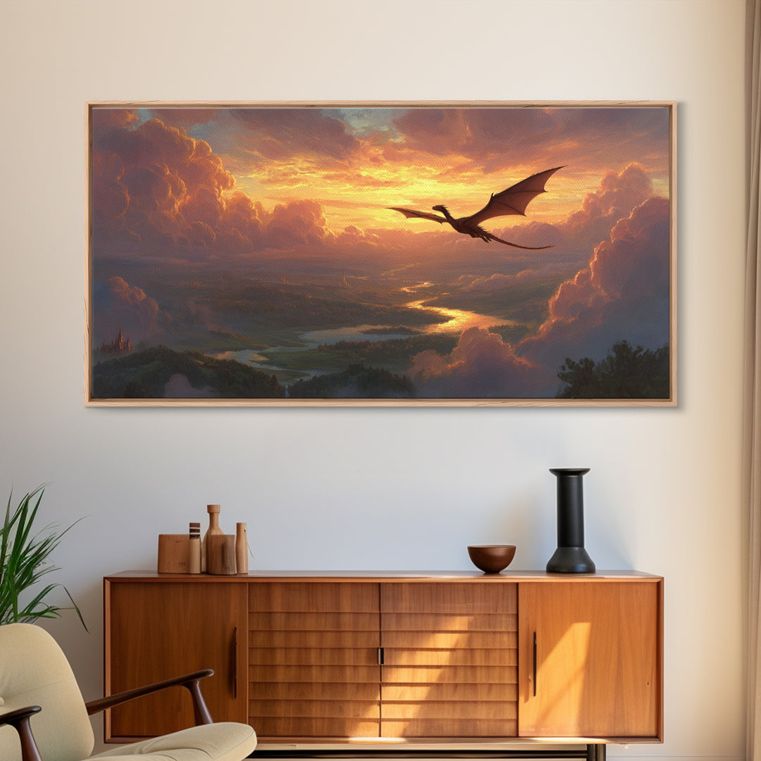 Sunset Dragon Over Golden River Valley Canvas Print, Fantasy Landscape Wall Art, Epic Castle Decor, Large Panoramic Artwork