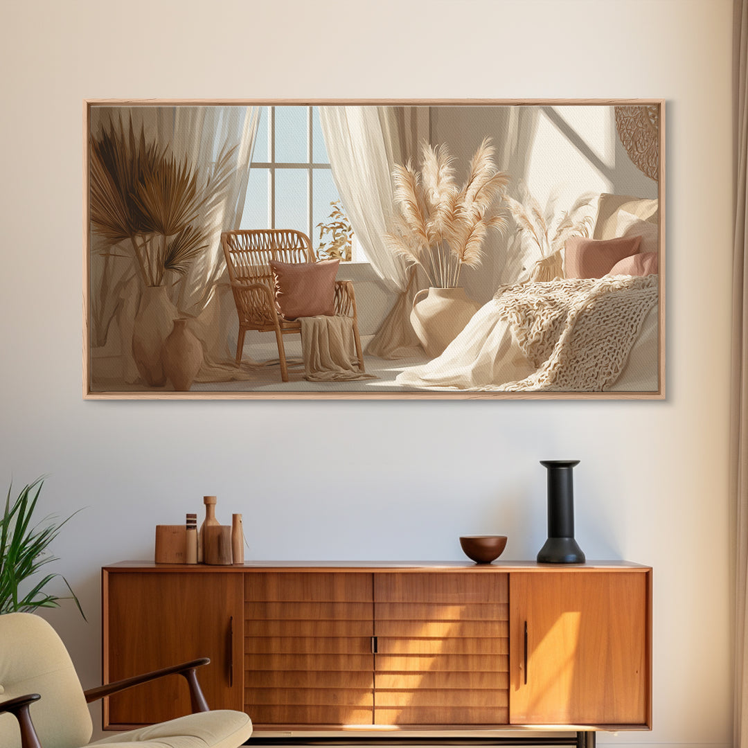 Sunlit Boho Bedroom With Pampas Grass Framed Canvas Print, Neutral Wall Art, Cozy Home Decor, Above Bed Decor Gift For Her