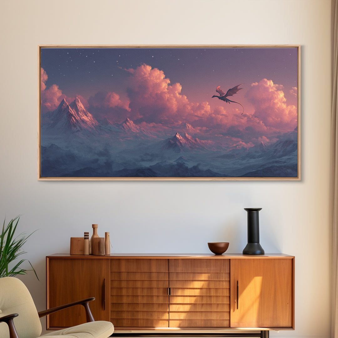 Twilight Dragon Above Snowy Mountains Framed Canvas Print, Fantasy Wall Art, Starry Sky Decor, Majestic Alpine Landscape