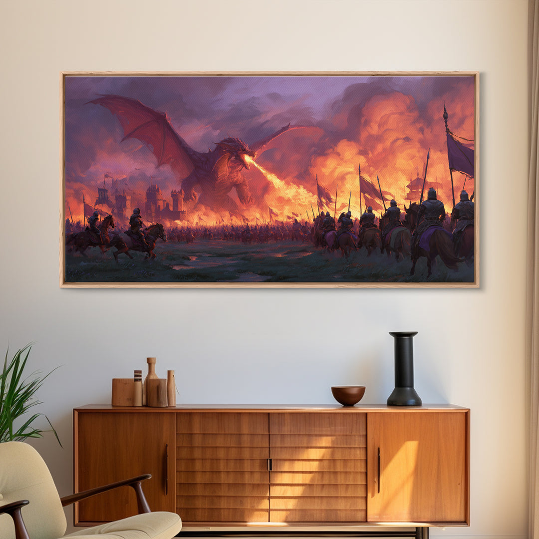 Fire Breathing Dragon Battlefield Canvas Print, Dark Fantasy Wall Art, Medieval Castle Decor, Epic Warrior Battle Scene Artwork