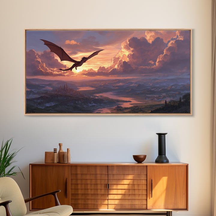 Black Dragon Gliding Above Sunset Kingdom Framed Canvas Print, Fantasy Landscape Wall Art, Castle Lake Decor, Epic Wall Decor