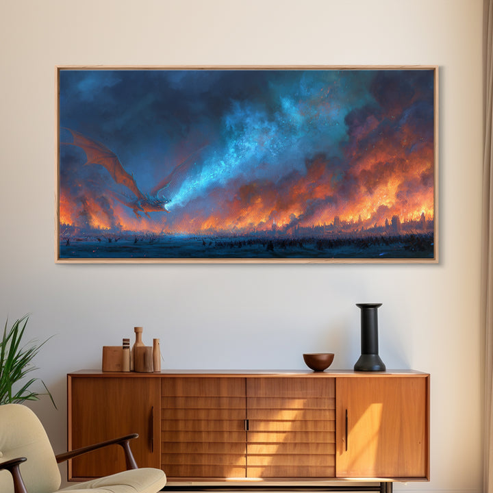 Blue Fire Dragon Over Burning Battlefield Canvas Print, Dark Fantasy Wall Art, Epic War Decor, Large Medieval Battle Artwork