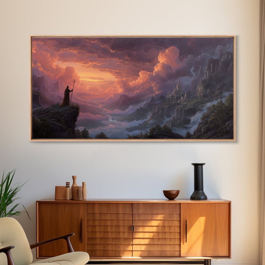 Cloaked Wizard Over Misty Castle Valley Framed Canvas Print, Fantasy Landscape Wall Art, Gothic Mountain Decor, Epic Artwork