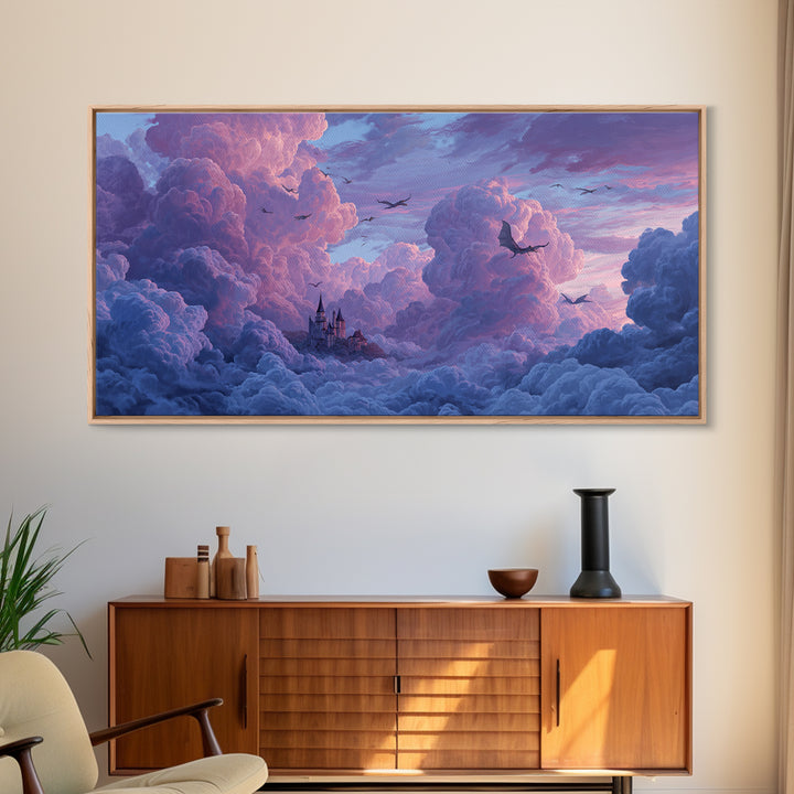Dragons Soaring Through Lavender Clouds Canvas Print, Whimsical Fantasy Wall Art, Floating Castle Decor, Dreamy Sky Artwork