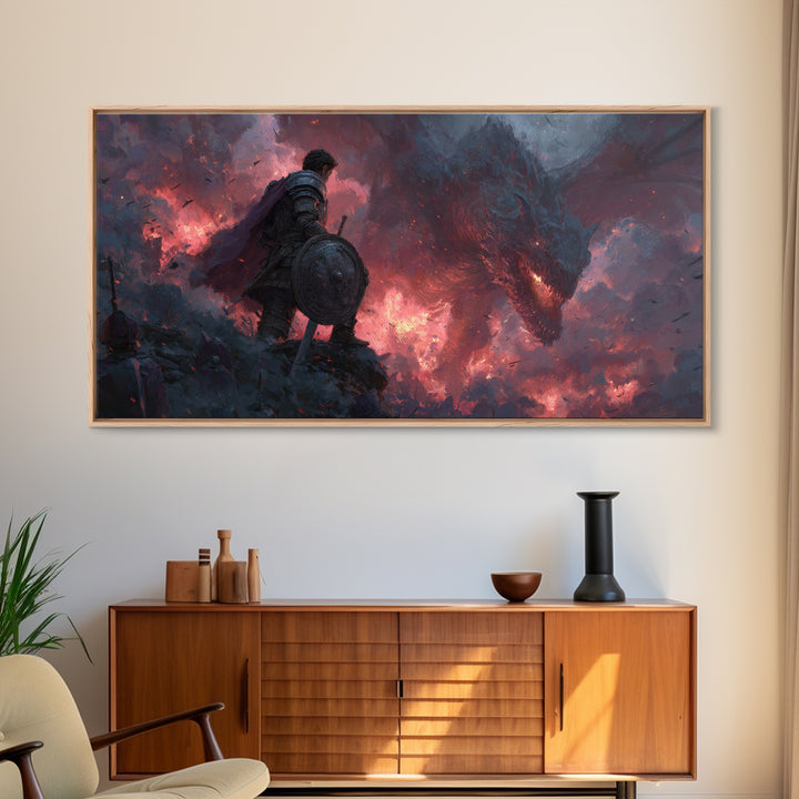 Lone Warrior Facing Shadow Dragon Framed Canvas Print, Dark Fantasy Wall Art, Gothic Battle Decor, Epic Medieval Artwork