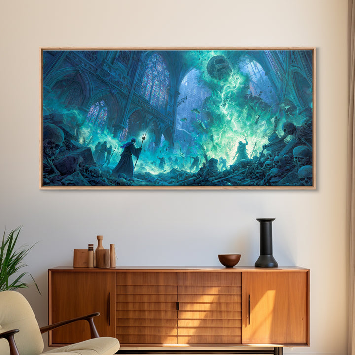 Gothic Cathedral Necromancer With Skulls Wall Art, Dark Fantasy Canvas Print, Occult Decor, Gamer Room, Spooky Gift For Halloween Decor