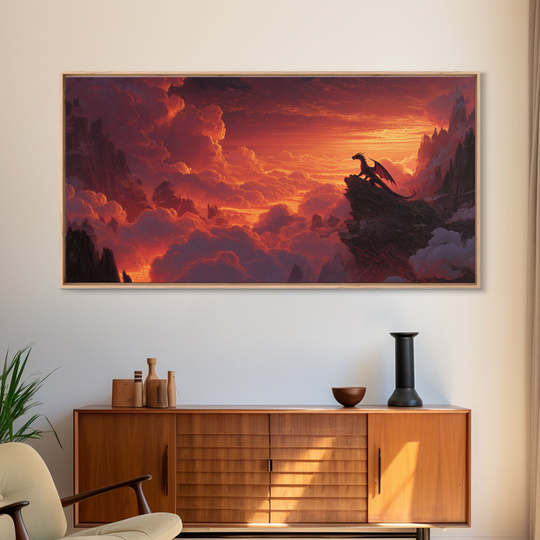 Lone Dragon On Cliff At Fiery Sunset Wall Art, Epic Fantasy Landscape, Medieval Castle Decor, Dramatic Canvas Print Gift