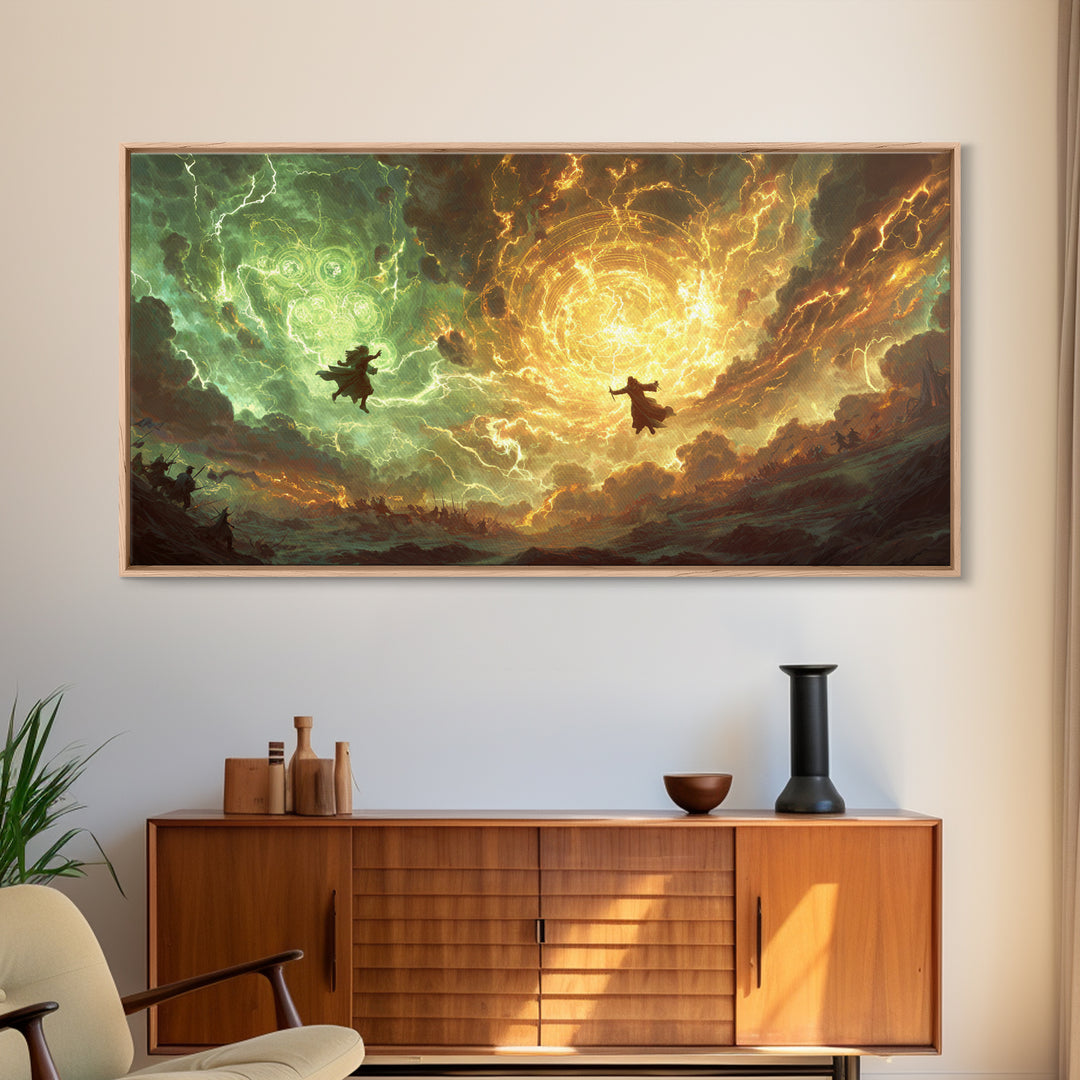 Soaring Wizards And Golden Magic Portal Wall Art, Mystical Fantasy Landscape, Spellcaster Canvas Print, Gaming Room Decor