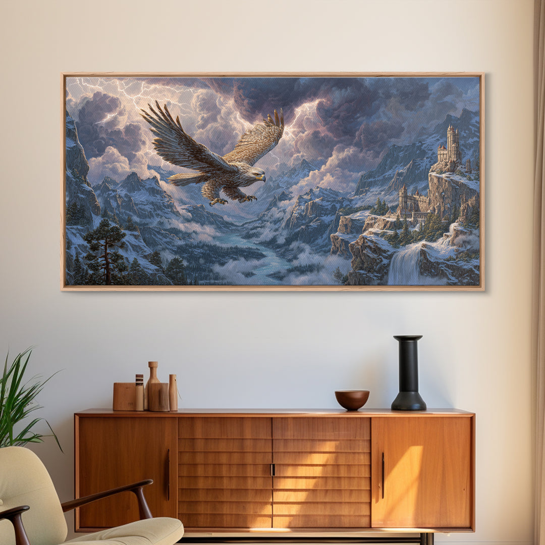 Giant Eagle Over Snowy Mountain Castle Framed Canvas Print, Epic Fantasy Landscape Wall Art, Wildlife Decor, Gift For Him
