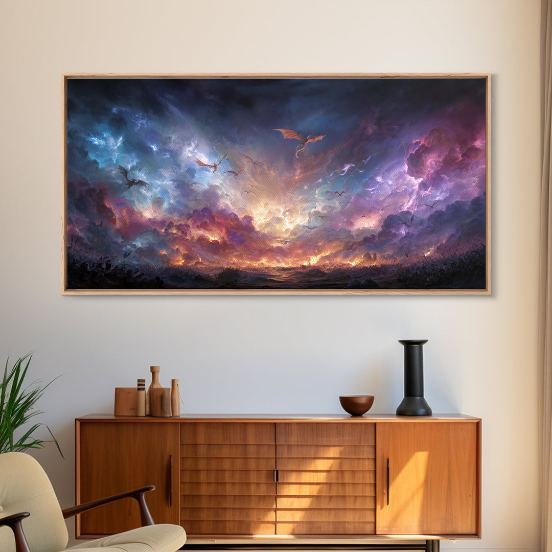 Dragons Flying Through Stormy Cosmic Sky Wall Art, Dark Fantasy Landscape Canvas Print, Surreal Decor, Gamer Room Art, Moody Wall Decor