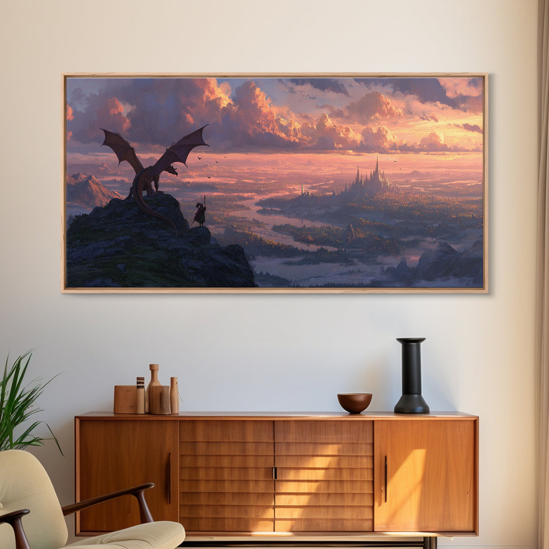 Dragon Rider Over Vast Castle City At Sunset Wall Art, Epic Fantasy Landscape Canvas Print, Medieval Decor, Gift For Gamer