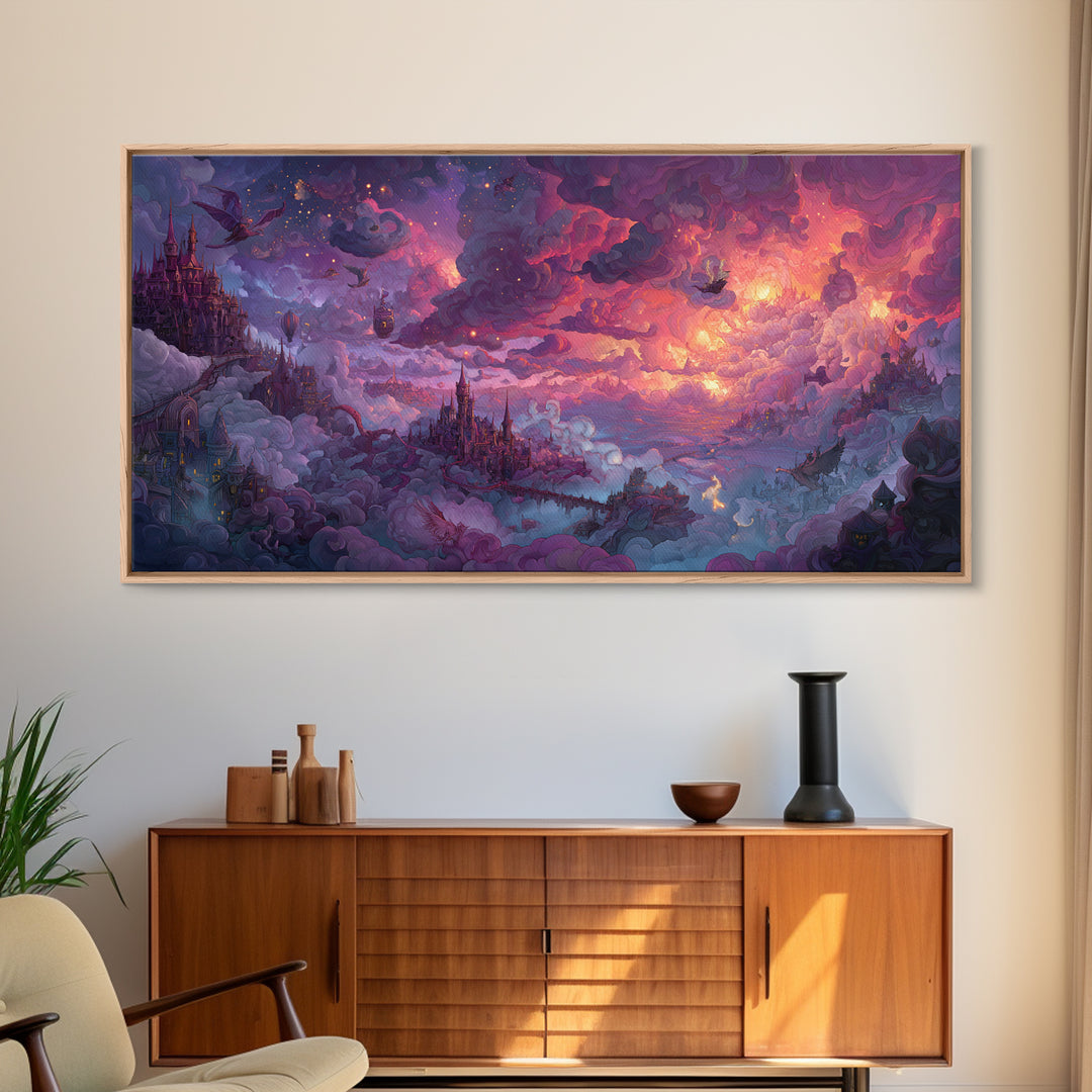 Cloud Kingdom Castles In Pink Twilight Wall Art, Whimsical Fantasy Landscape Canvas Print, Dreamy Nursery Decor, Gift For Kids Room