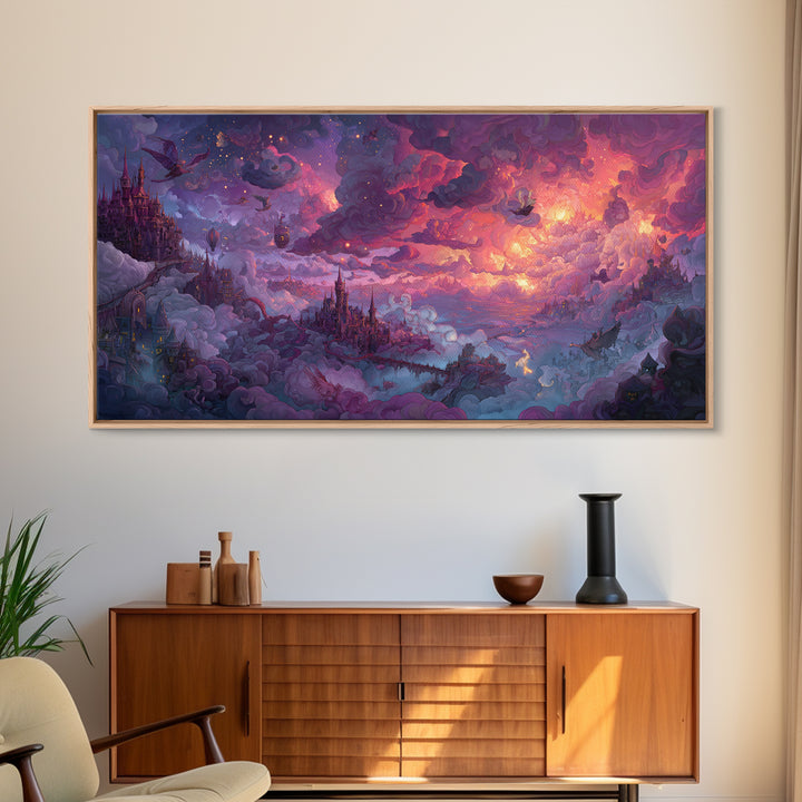 Cloud Kingdom Castles In Pink Twilight Wall Art, Whimsical Fantasy Landscape Canvas Print, Dreamy Nursery Decor, Gift For Kids Room