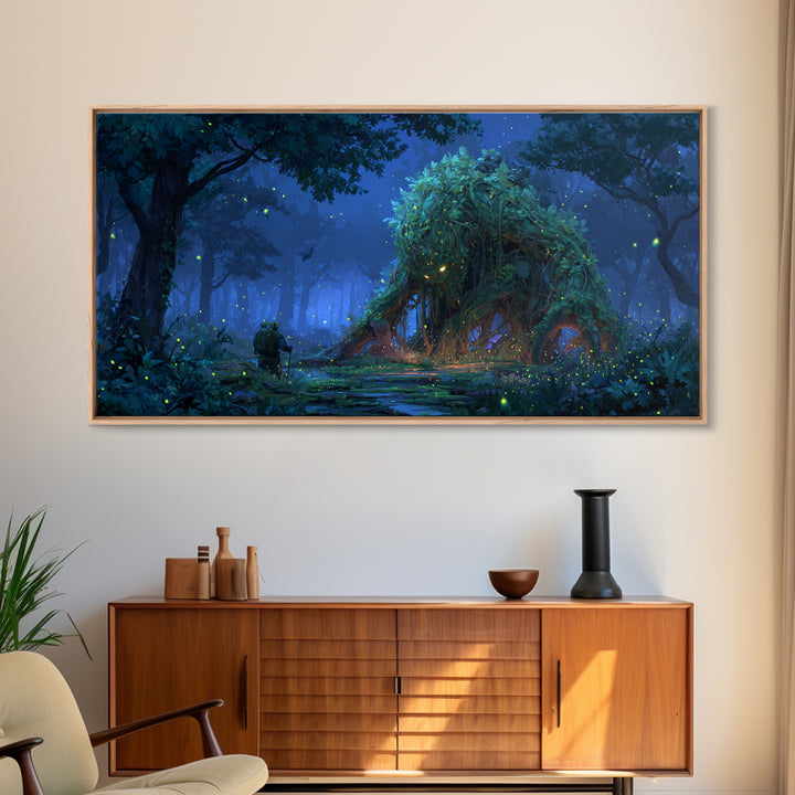 Glowing Forest Spirit Beneath Starry Trees Wall Art, Whimsical Fantasy Canvas Print, Woodland Nursery Decor, Nature Gift