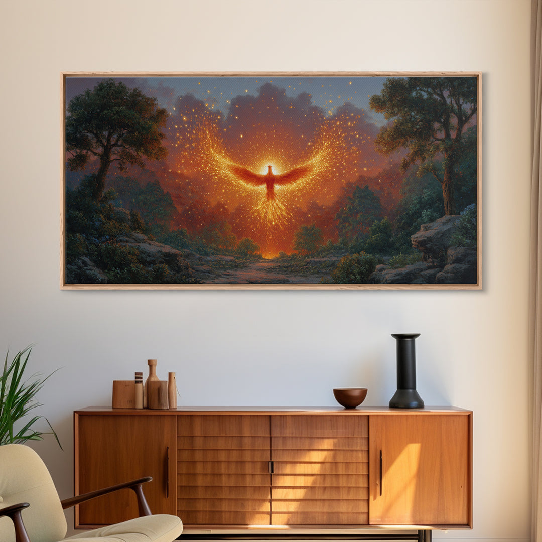 Glowing Phoenix Spirit In Enchanted Forest Wall Art, Fantasy Landscape Canvas, Mystical Home Decor, Magical Gift For Her