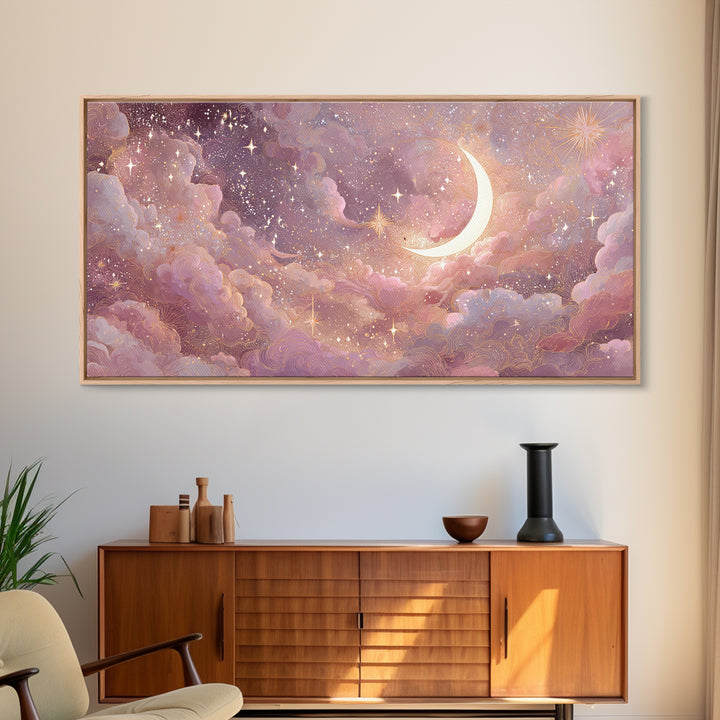 Pastel Crescent Moon And Starry Cloud Wall Art, Celestial Art Print, Whimsigoth Decor, Nursery Room Wall Decor, Gift For Her
