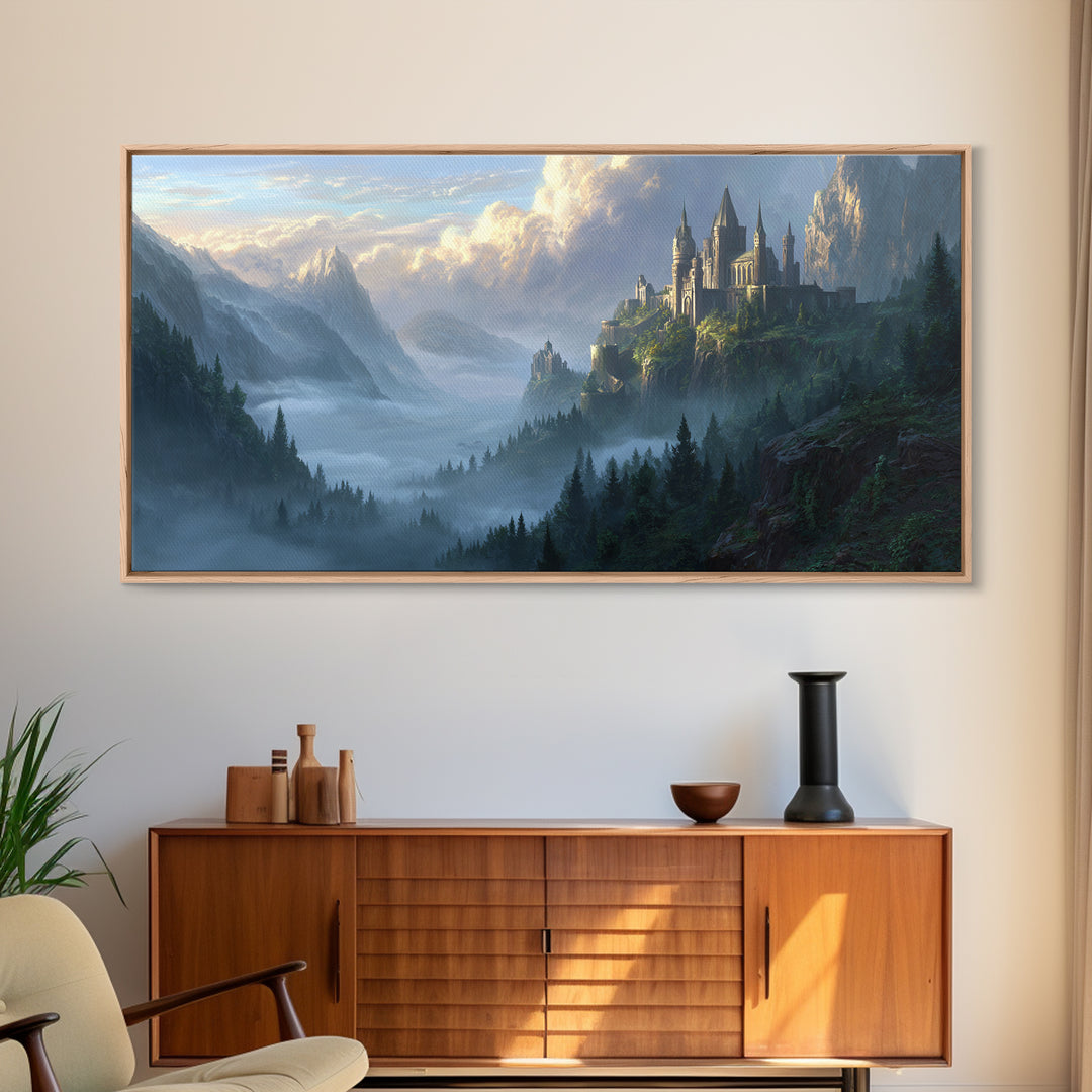 Misty Mountain Castle Above Forest Valley Framed Canvas Print, Fantasy Landscape Wall Art, Large Medieval Home Decor Housewarming Gift