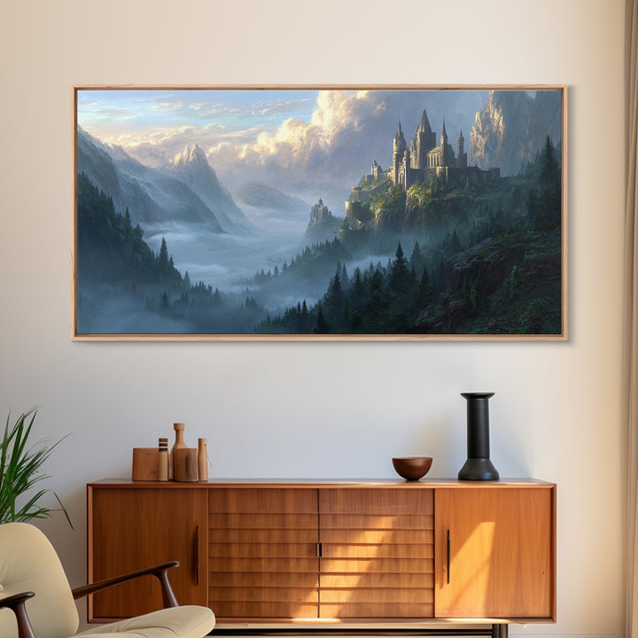 Misty Mountain Castle Above Forest Valley Framed Canvas Print, Fantasy Landscape Wall Art, Large Medieval Home Decor Housewarming Gift