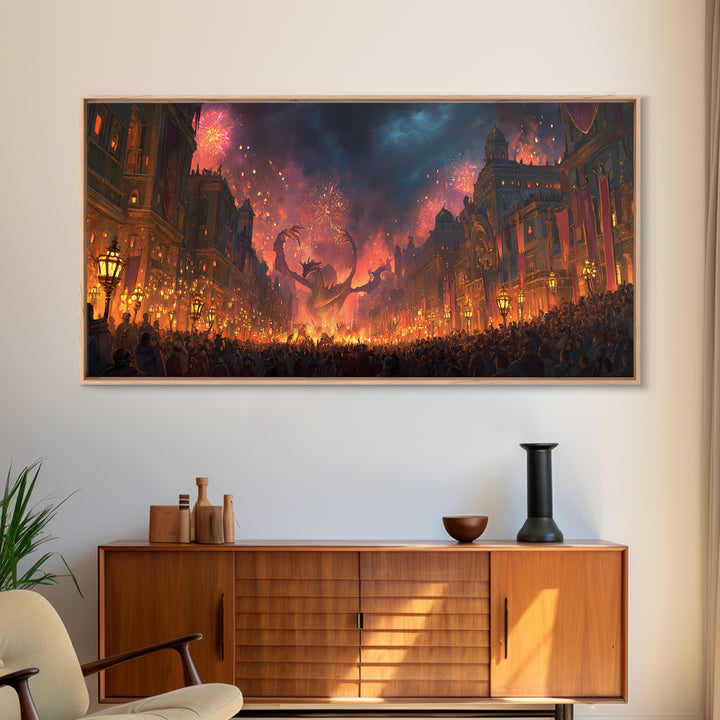Fiery Dragon Festival In Grand City Wall Art, Dark Fantasy Canvas Print, Maximalist Decor, Gaming Room Poster Gift For Him