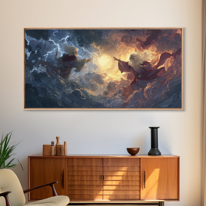 Storm Wizards Casting Light In Celestial Clouds Canvas Print, Fantasy Wall Art, Mystical Decor, Dramatic Surreal Art Gift