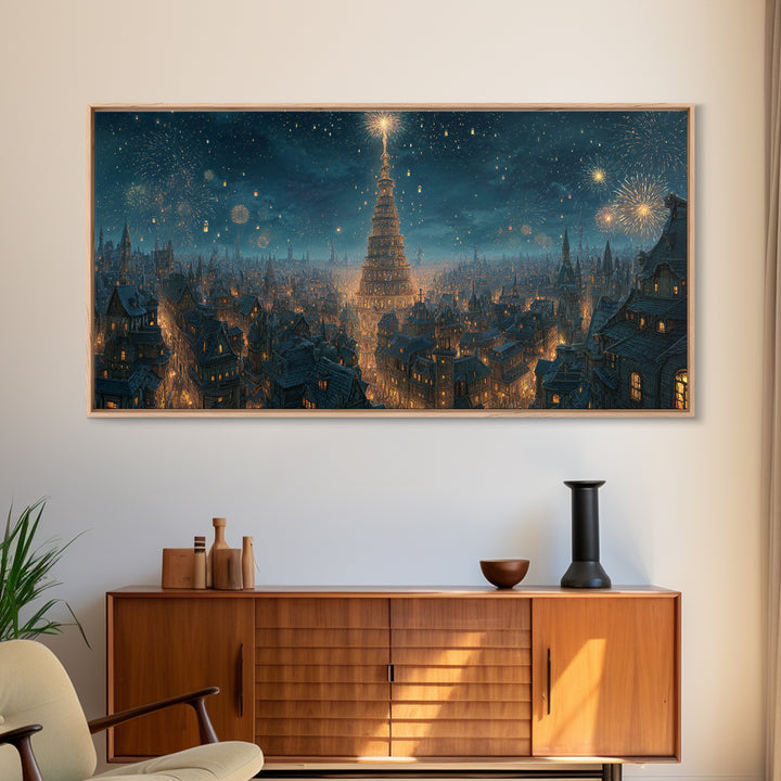 Starry Winter City With Towering Yule Tree Framed Canvas Print, Fantasy Wall Art, Holiday Decor, Magical Christmas Wall Decor Gift