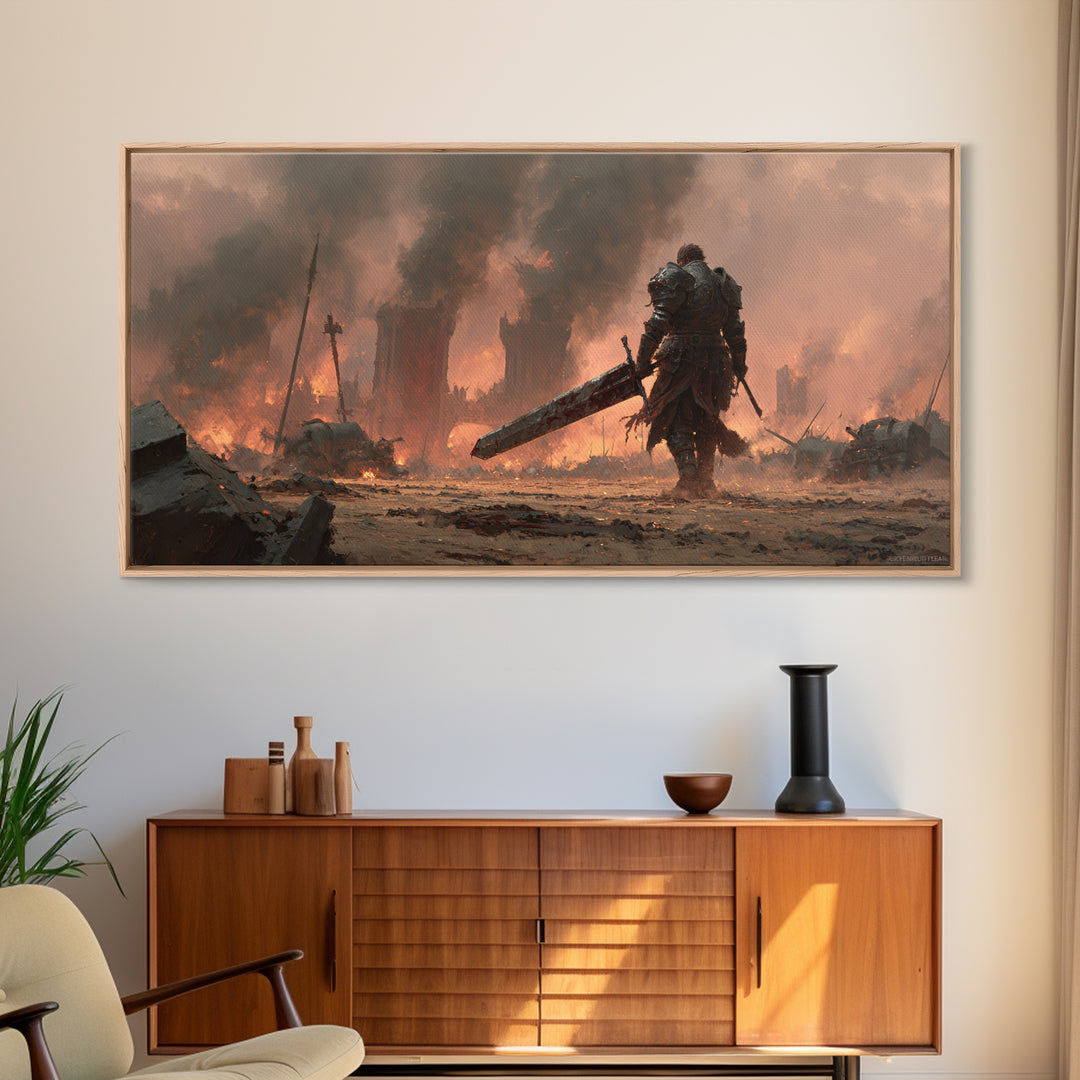 Armored Warrior With Giant Sword In Burning Ruins Canvas Print, Dark Fantasy Wall Art, Medieval Game Room Decor Gift For Him