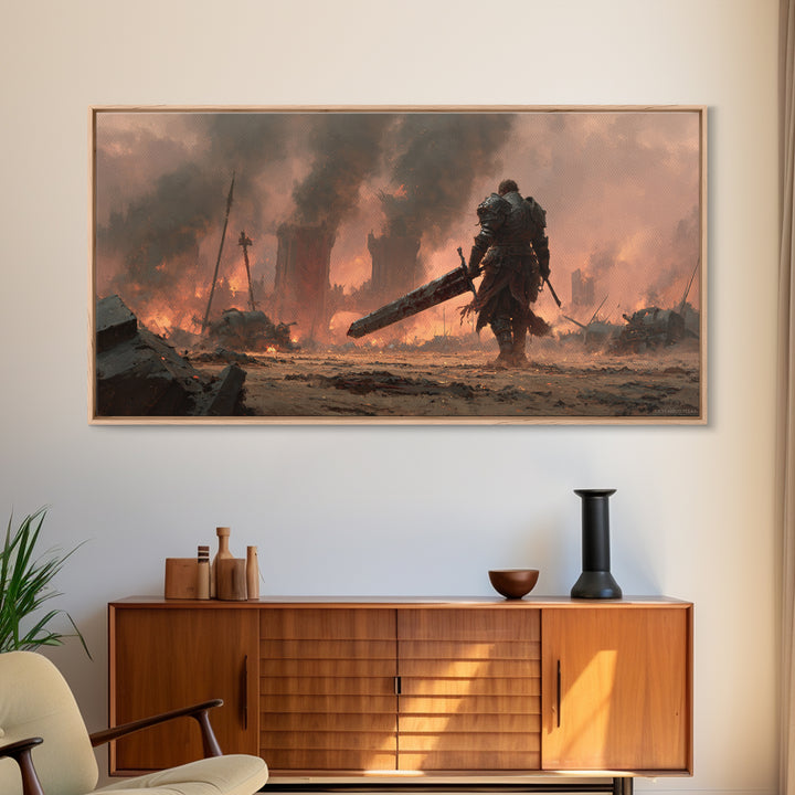 Armored Warrior With Giant Sword In Burning Ruins Canvas Print, Dark Fantasy Wall Art, Medieval Game Room Decor Gift For Him